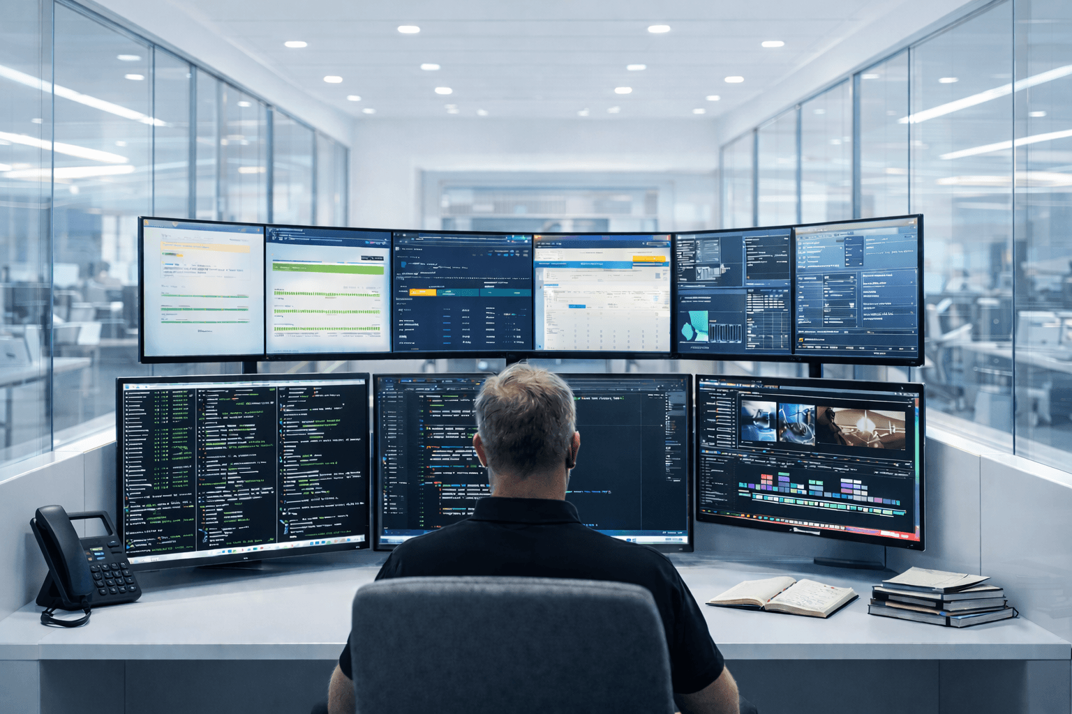 Technology operations command center with multiple monitors displaying code and analytics
